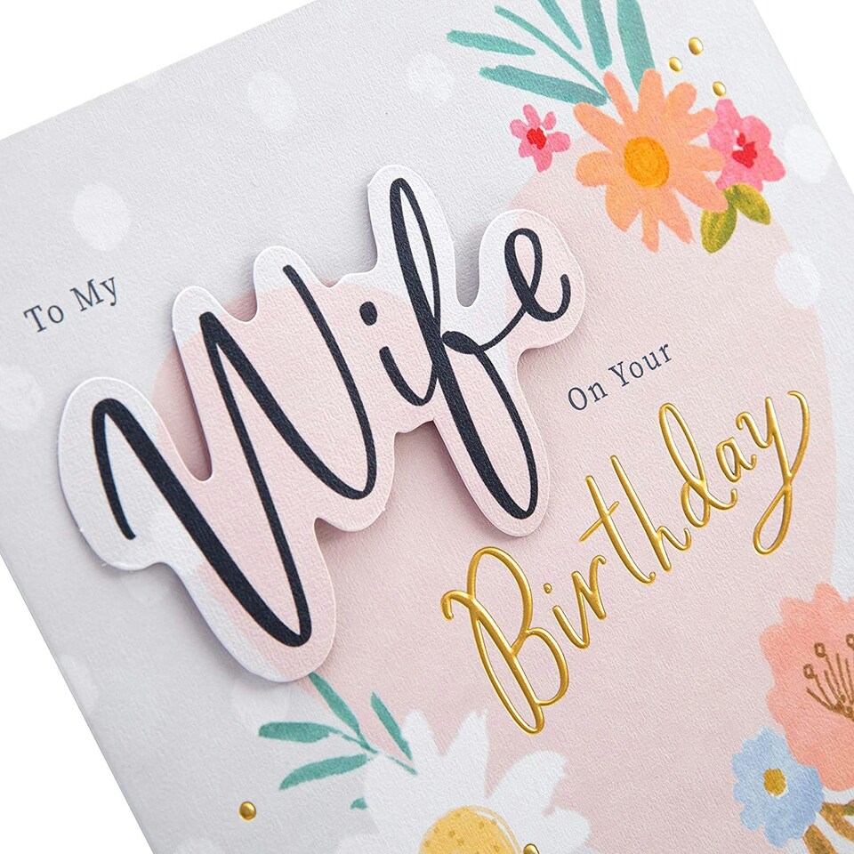 image 1 of Contemporary Floral Pink Design Wife Birthday Card