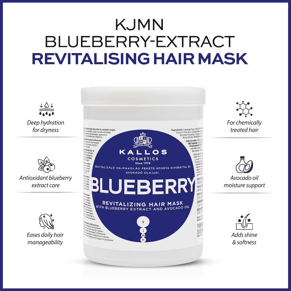 image 1 of Kallos KJMN Blueberry Revitalising Hair Mask 1L Deeply hydrating care for dry damaged chemically treated hair enriched avocado oil for shine and nourishment