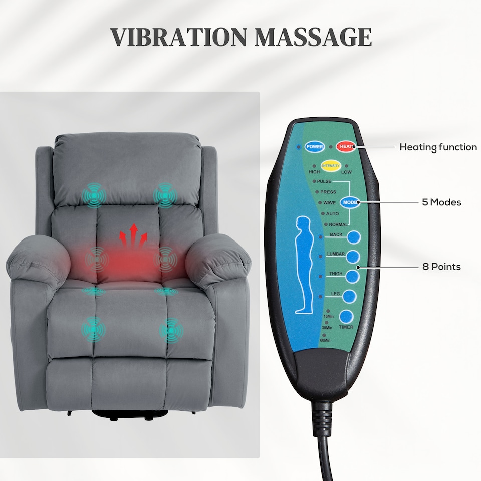 image 1 of HOMCOM Lift Chair Riser and Recliner Chair with Vibration Massage, Heat, Grey | Grey