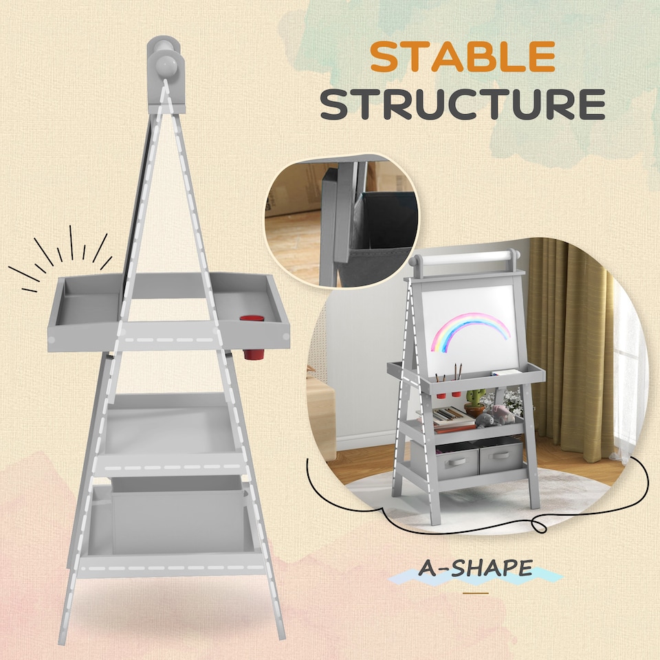 image 1 of AIYAPLAY Double-Sided Art Easel for Kids w/ Paper Roll, Storage Baskets Grey