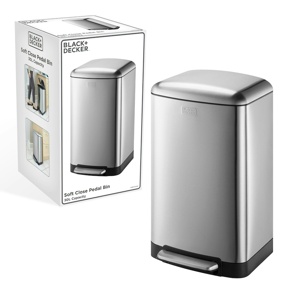image 1 of BLACK+DECKER 30L Pedal Bin with Soft Close Lid Silver