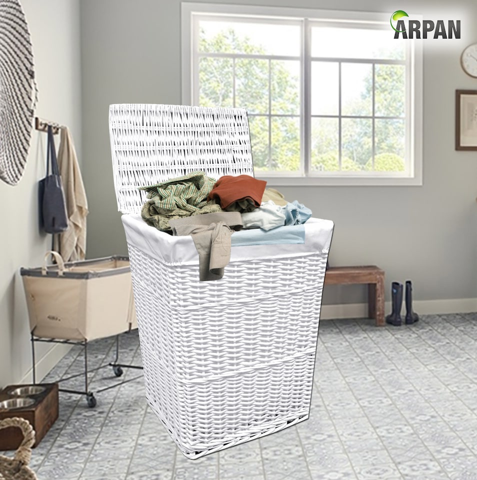 image 1 of ARPAN White Wicker Laundry Basket with Lid & Removable Washable Liner, Natural Woven Clothes Washing Hamper, Laundry Storage Basket for Bedroom, Bathroom & Utility Room