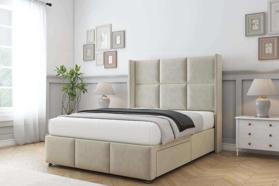 image 1 of Sloomy Beaumont Cream Plush Divan Bed Base No Drawers With 54 Inch Wingback Headboard & 12 Inch Matching Footboard | Cream | Cream | Double | 1