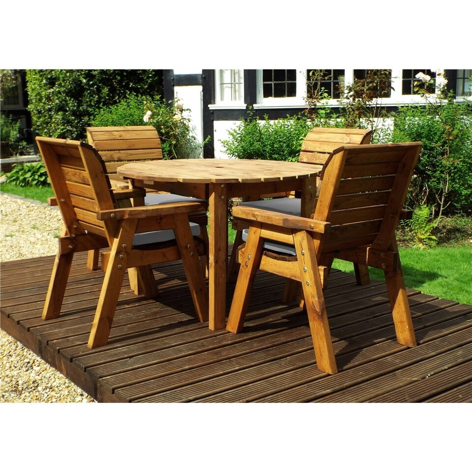 image 1 of Traditional Four Seater Round Table Set With 4 x Green Chair Cushion 1 x Green Parasol & Base & Cushion Storage Bag