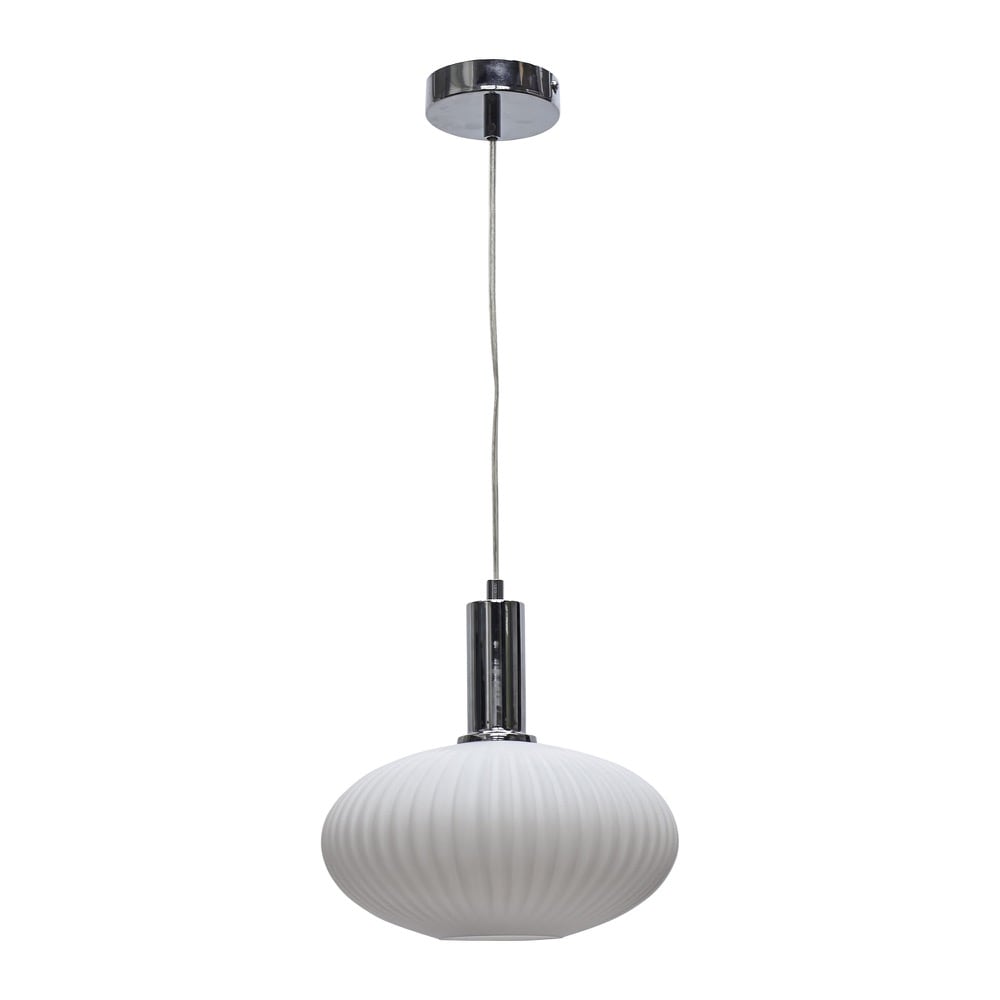 First Choice Lighting Baton - White Ribbed Oval Glass Chrome Deco Pendant Fitting
