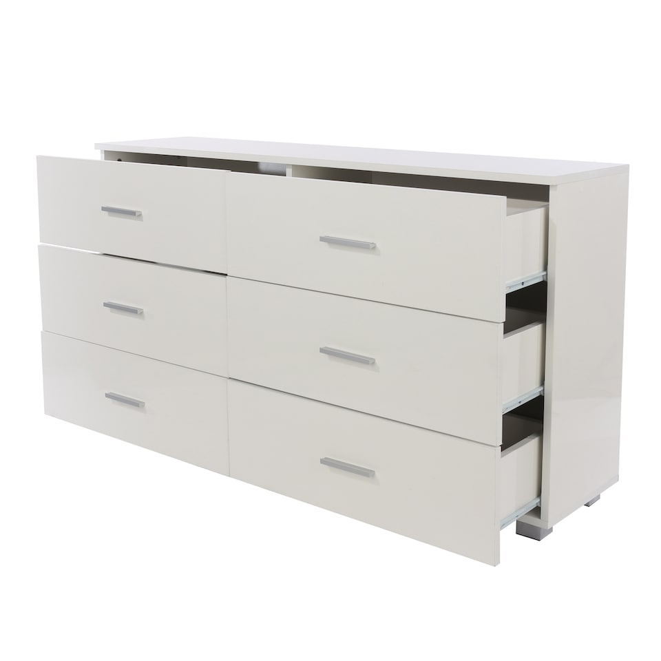 image 1 of Lido 3+3 Drawer White Gloss Wide Chest of Drawers - White High Gloss Bedroom Storage with Matte Silver Handles | White | White | 1