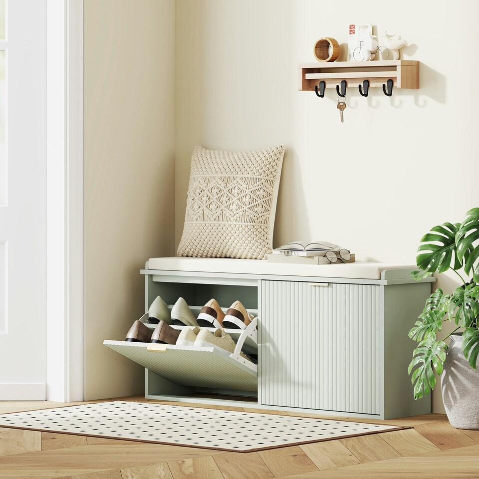 image 1 of HOMCOM Shoe Storage Bench with Cushion and Flip-Drawer 104x26x47.5cm White