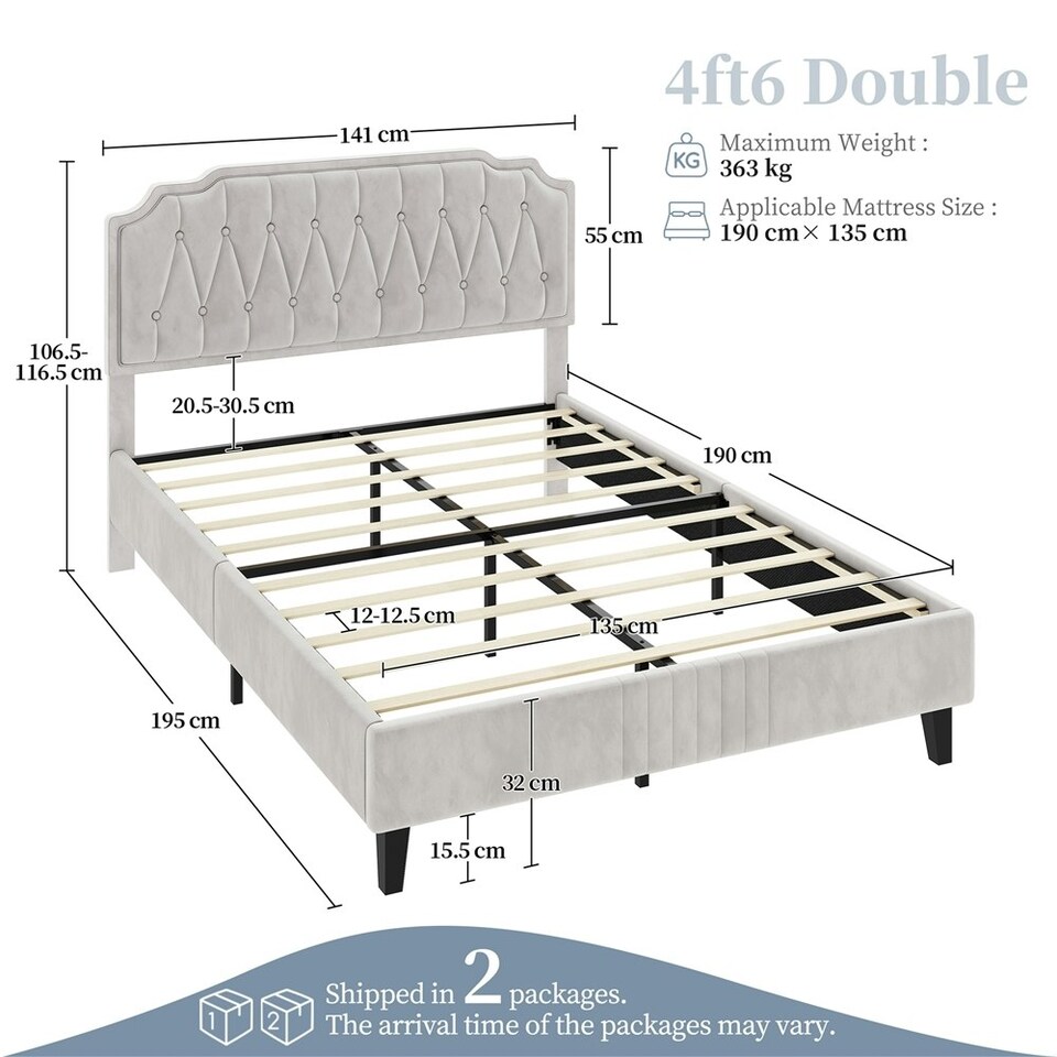 image 1 of Yaheetech 135 cm W x 190 cm L Upholstered Bed Frame with Button-Tufted Headboard Beige