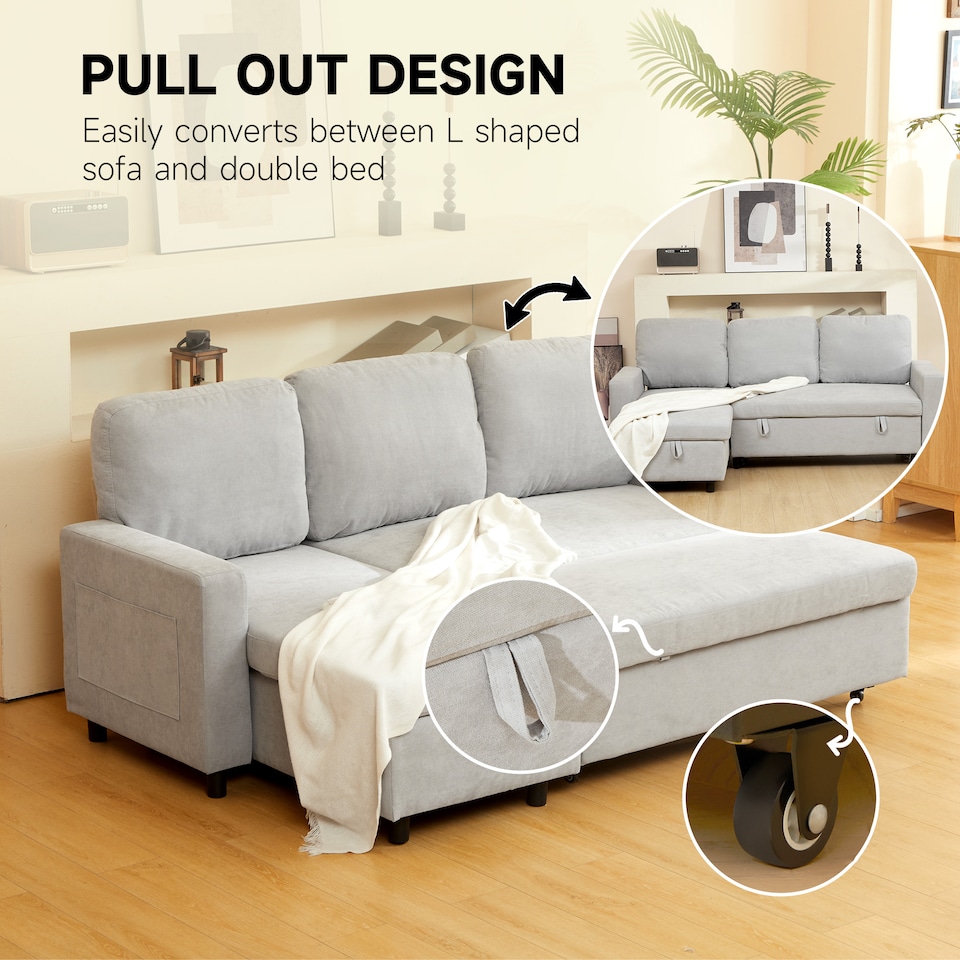 image 1 of HOMCOM Pull Out Sofa Bed L Shape Corner Sofa w/ Reversible Chaise Light Grey