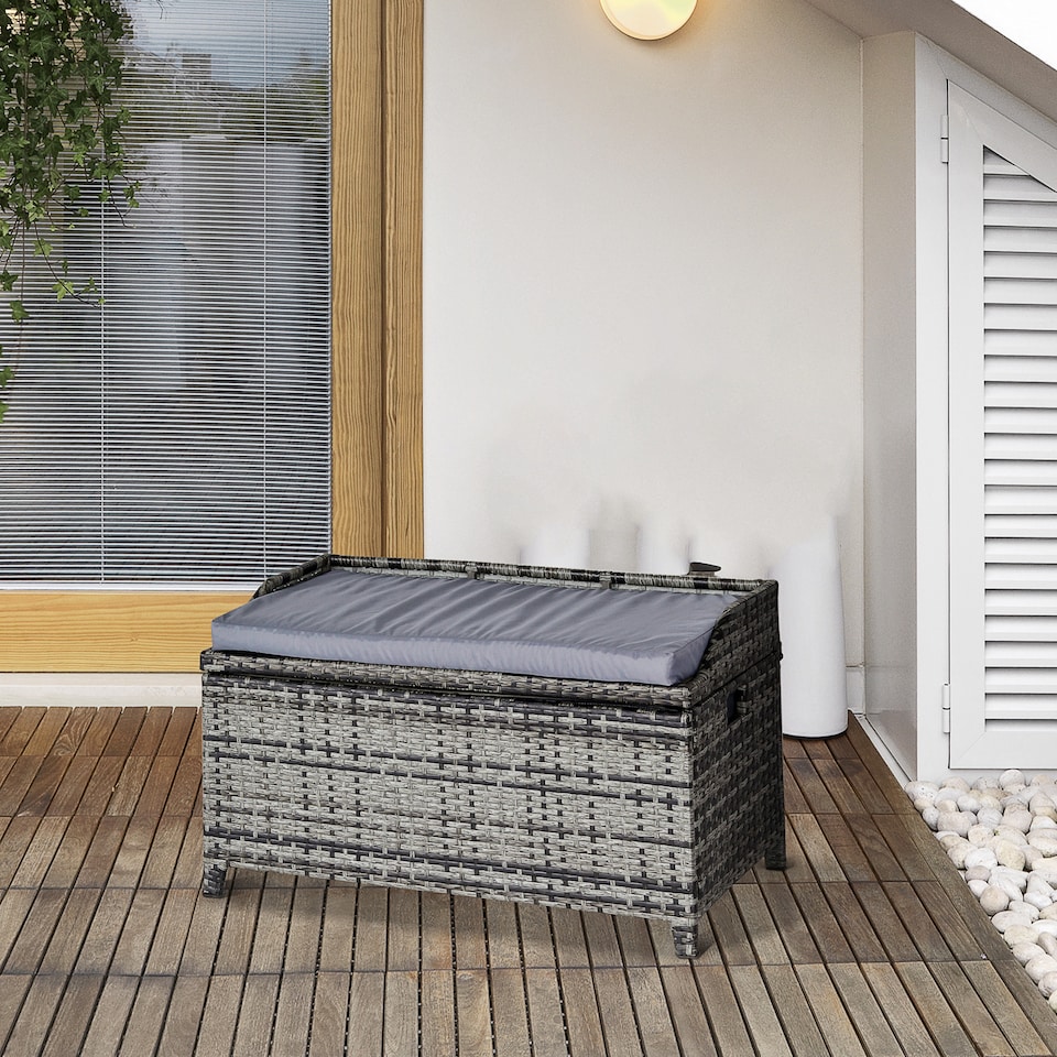 image 1 of Outsunny PE Rattan Outdoor Storage Bench, Aluminium Garden Bench with Storage Underneath with Zipped Inner Lining, Rods for Deck, Mixed Grey