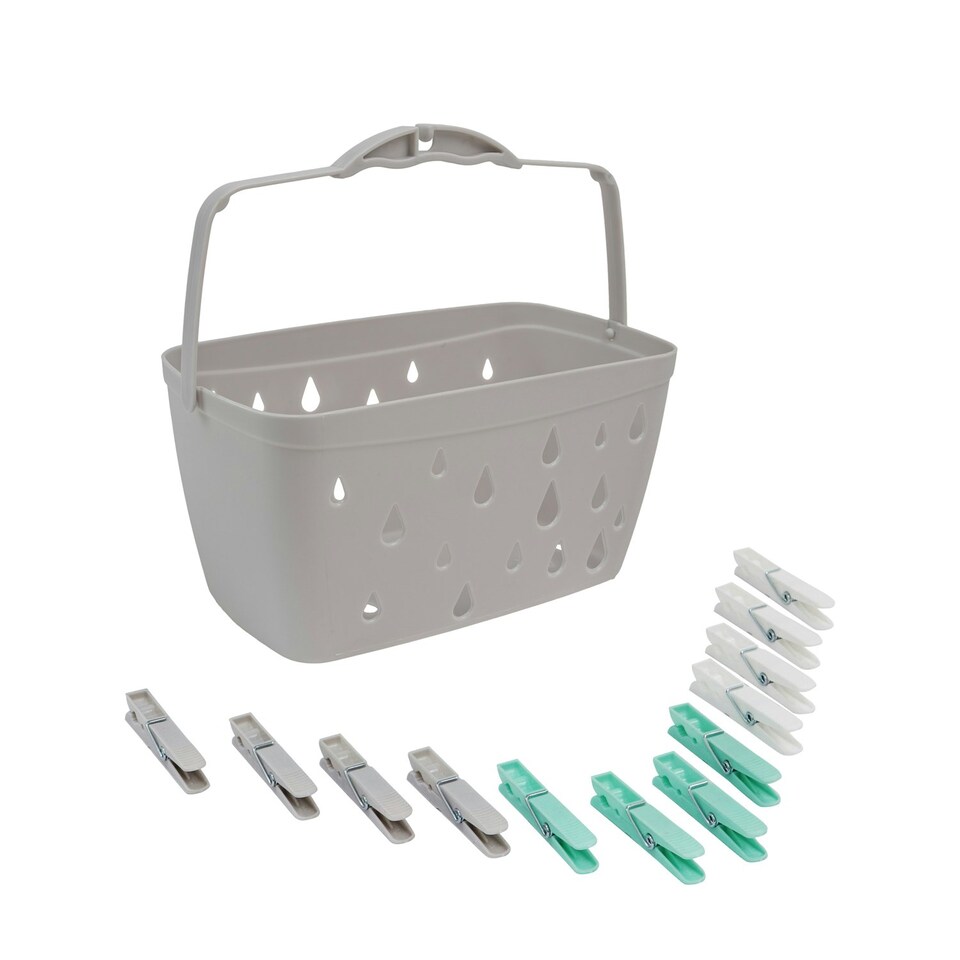 image 1 of JVL Plastic Peg Basket, Grey with 36 Strong Hold Plastic Pegs, Aqua