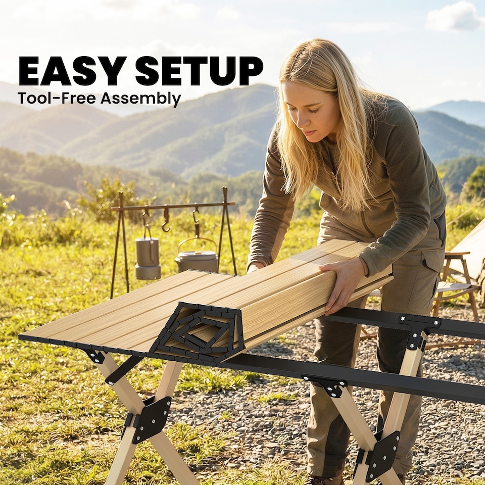 image 1 of Outsunny 4ft Folding Camping Table, Picnic Table with Roll Up Top, Brown | Brown | Dark Brown | 116 x 59 x 43 cm