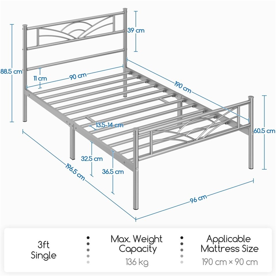 image 1 of Yaheetech Metal Platform Bed Frame with Cloud-inspired Design Headboard Silver, 3ft Single