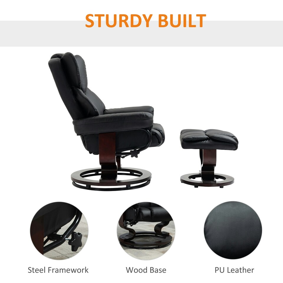 image 1 of HOMCOM PU Leather Manual Reclining Armchair Footstool Padded Seat Black