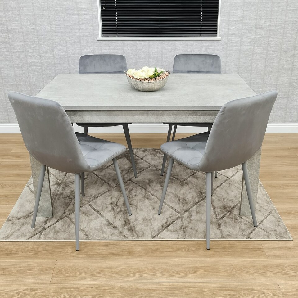 image 1 of Dining Table with 4 Grey Velvet Chairs Stone Grey Effect Wood Table Set for Dining Room Grey