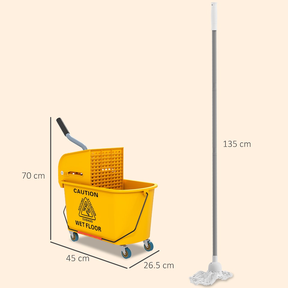 image 1 of HOMCOM Mop Bucket with Wringer Set on Wheels for Floor Cleaning, 20 Litre Side Press Wringer with Handle and Mop, Yellow
