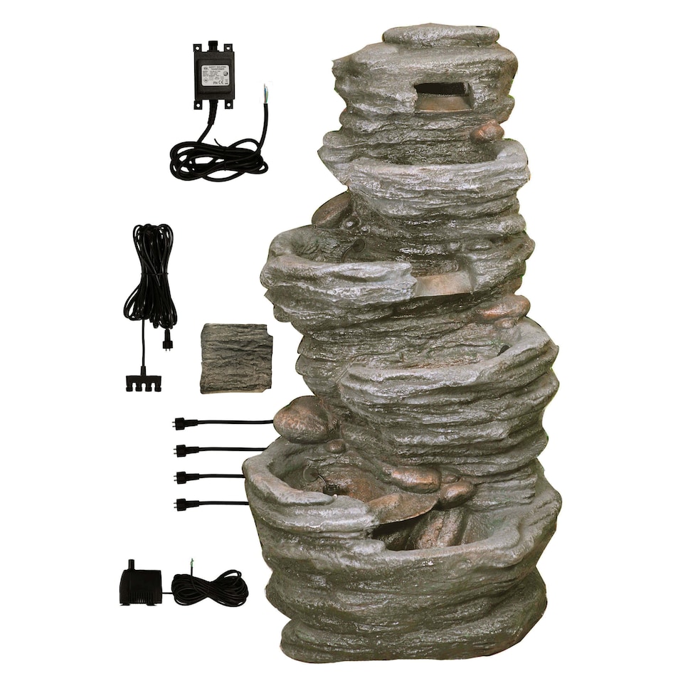 image 1 of 4-Tier Rock Pool Cascading Water Feature with Lights for Indoor and Outdoor Use 100cm