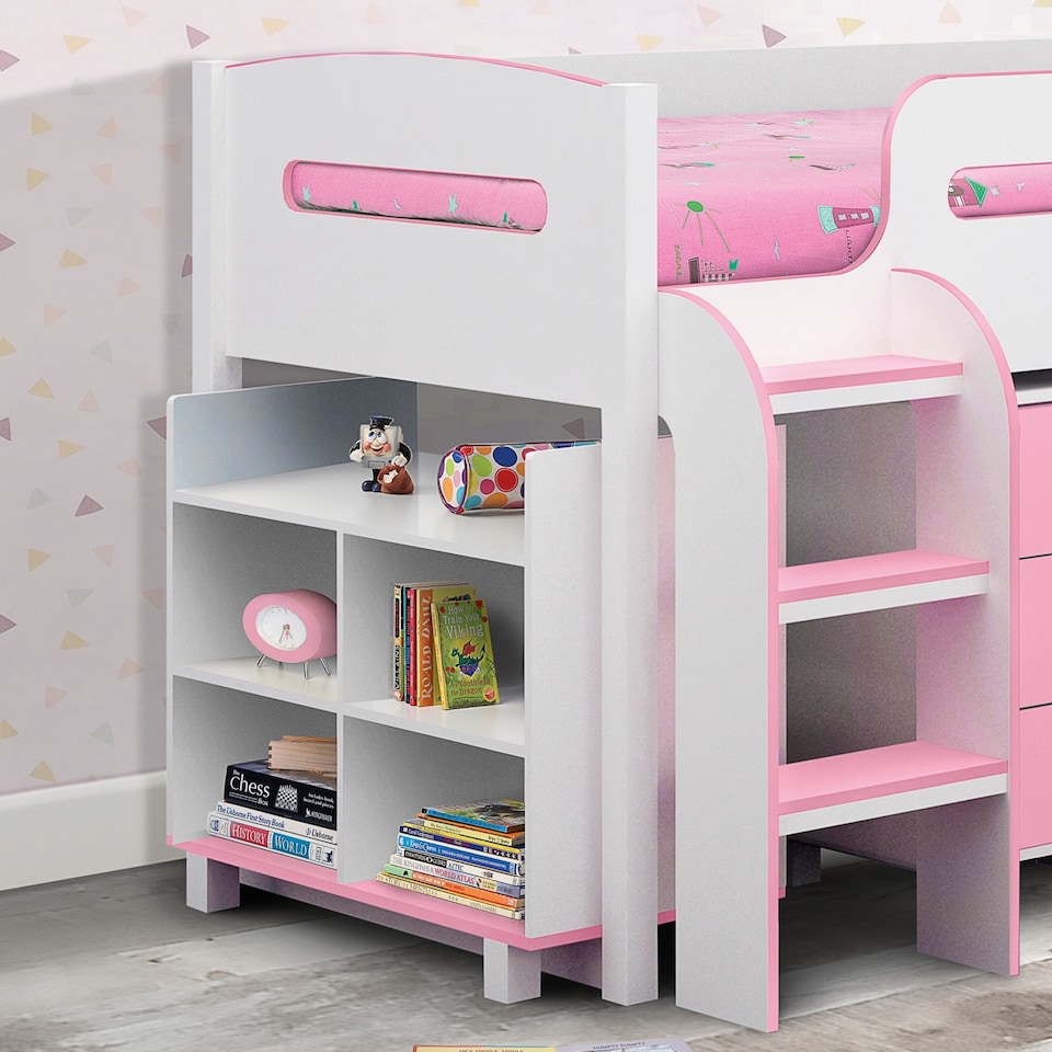 image 1 of Kimbo 90cm Single Pink and White Midsleeper Cabin Bed with Desk