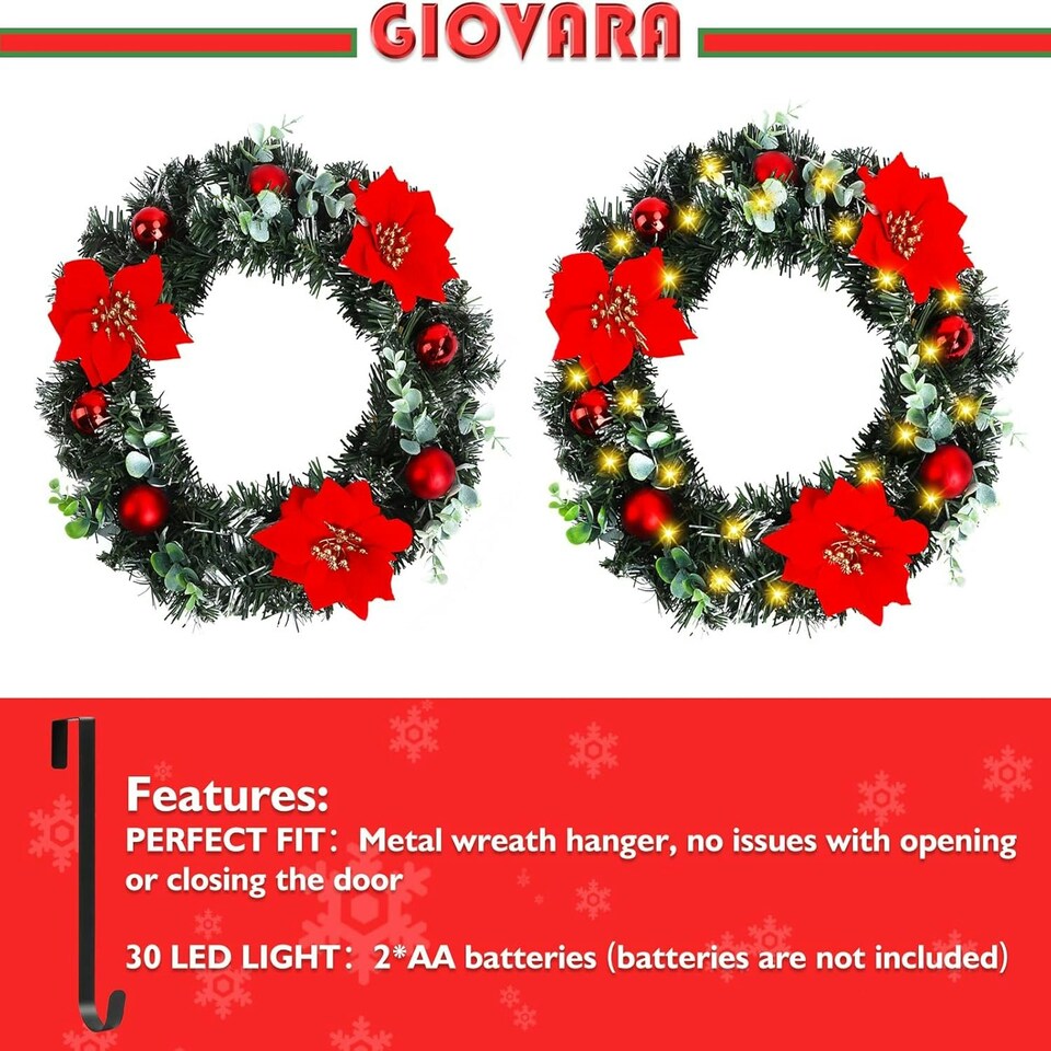 image 1 of Christmas Wreath, Artificial Door Wreath with LED Lights, Xmas Wreath