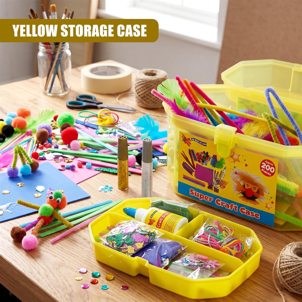 image 1 of The Magic Toy Shop 200 Piece Arts and Crafts Kit Yellow Carry Case Supplies Set