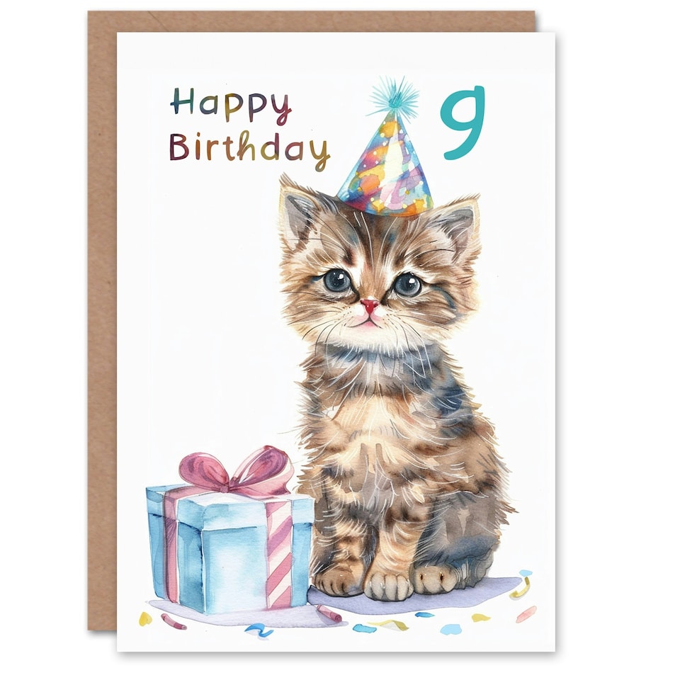 image 1 of Cute Baby Cat Kitten Party Hat Kids 9 Year Old Birthday Greeting Card