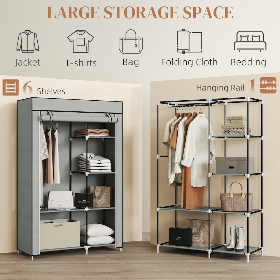 image 1 of HOMCOM Fabric Wardrobe w/ Shelves Hanging Rail Foldable Closets Light Grey
