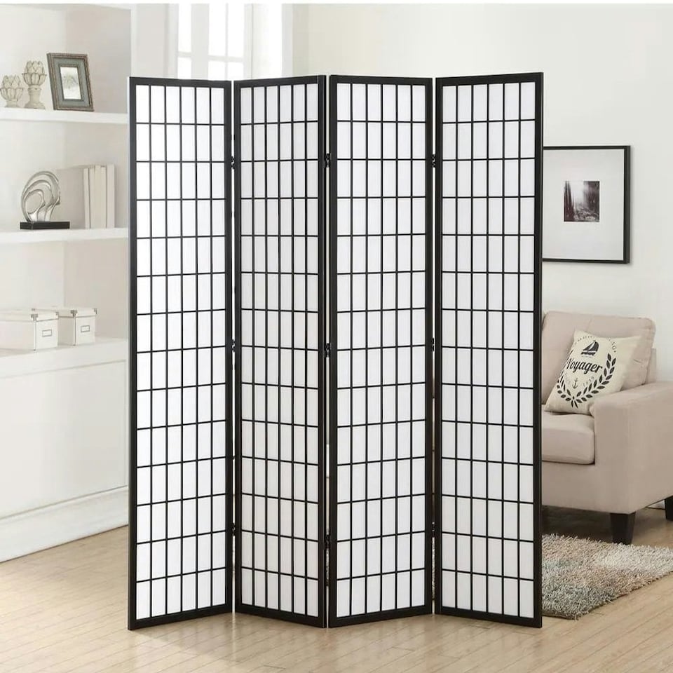 image 1 of Living and Home 4-Panel Solid Wood Folding Divider Screen - Black