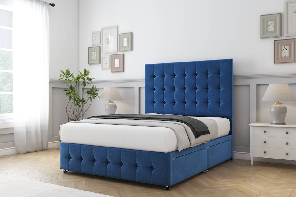 image 1 of Sloomy Berlin Navy Plush Divan Bed With Mattress 4 Drawers With 54" Floor Standing Headboard & 12" Matching Footboard 4' Small Double | Blue | Navy | Small Double | 1
