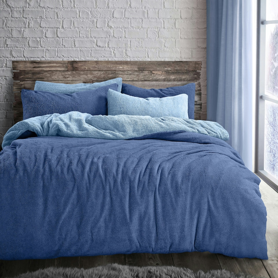 image 1 of Velosso Teddy Two Tone Fluffy and Warm Fleece Duvet Cover Set Blue | Blue | Super King