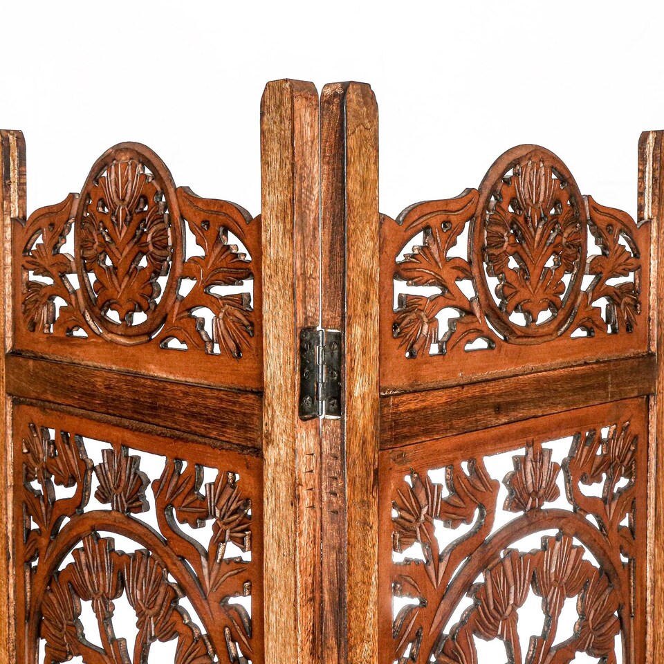 image 1 of 4 Panel Heavy Duty Carved  Screen Wooden Lotus Design Room Divider Light Brown 200 x 180 cm | Brown | Light Brown | 200 x 180 cm