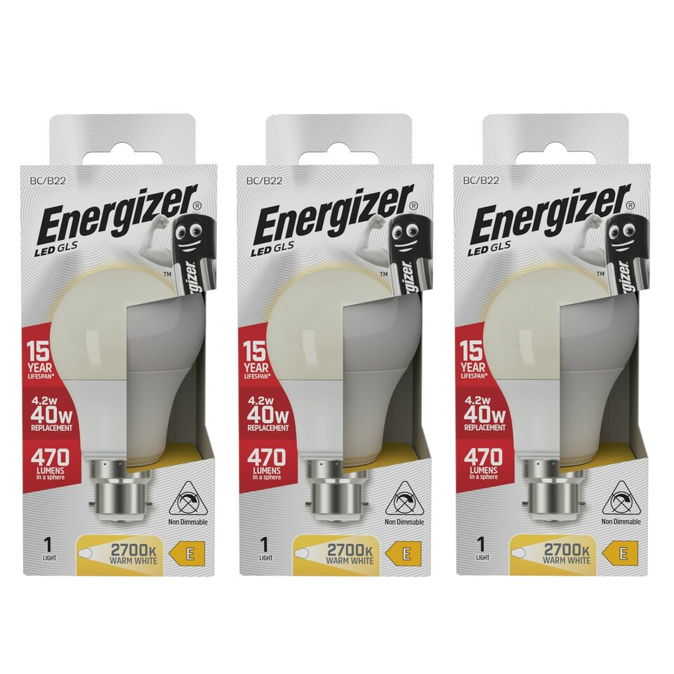 image 1 of Energizer LED GLS B22 470lm 4.2W 2700K (Warm White) Light Bulb - Pack of 3