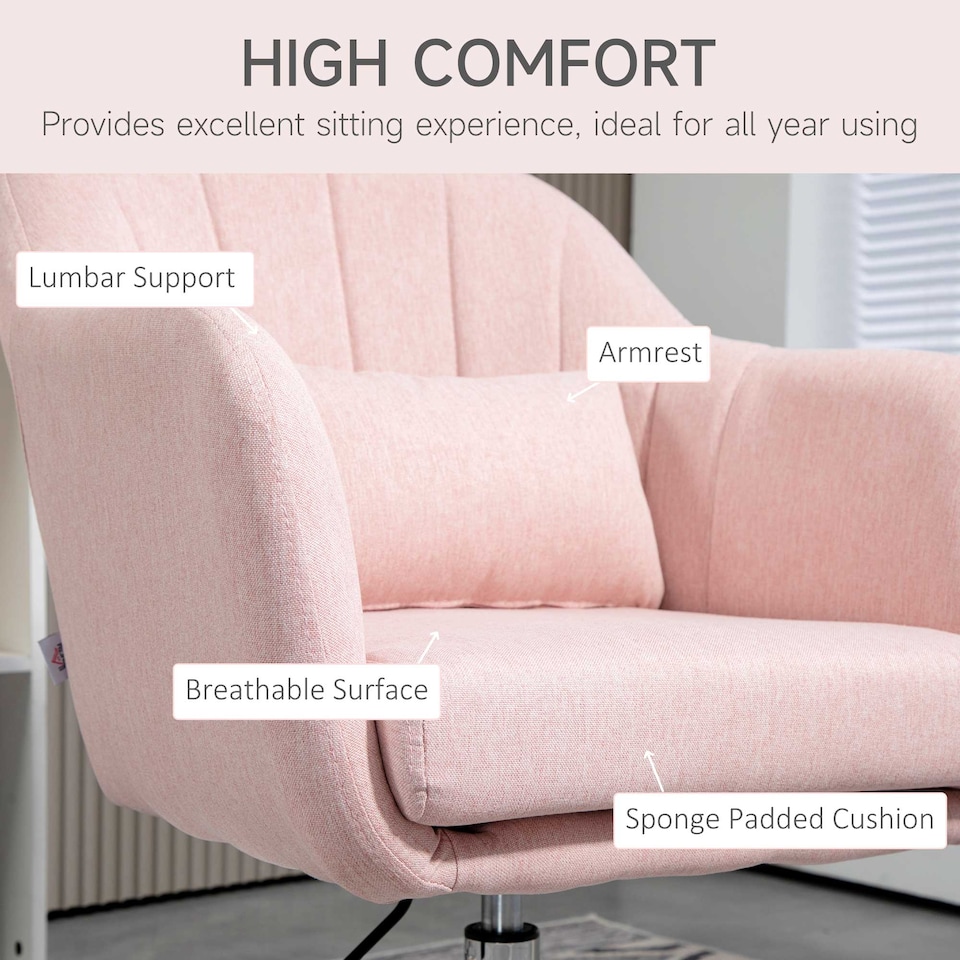 image 1 of HOMCOM Swivel Linen Fabric Accent Chair for Living Room Contemporary Vanity Armchair with Adjustable Height Thick Cushion Lumbar Support Armrest for Bedroom Office Pink