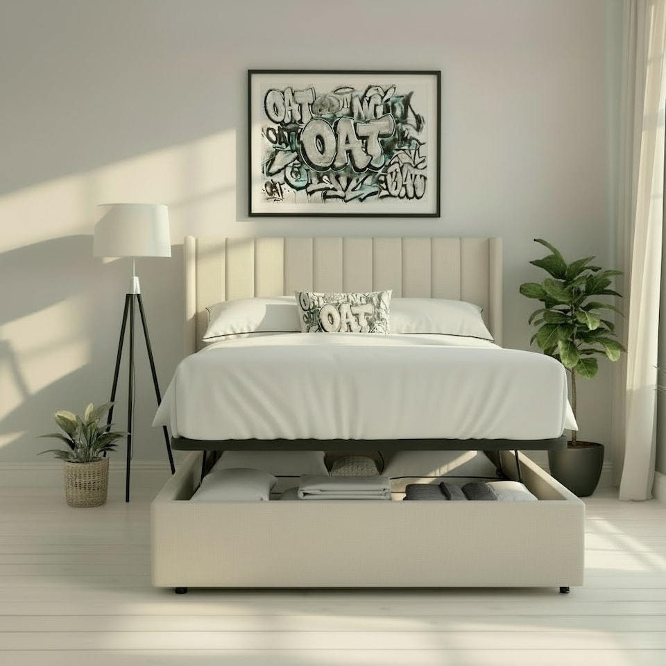 image 1 of Daresbury Winged Headboard Fabric Upholstered Ottoman Storage Bed Frame | Cream | Natural | Double