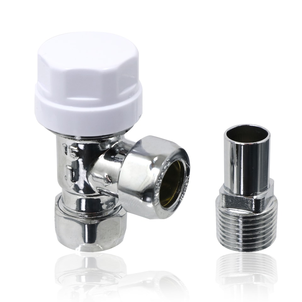 image 1 of Tower TRV Thermostatic Radiator Valve White Angled Lockshield 10-15mm Head Set