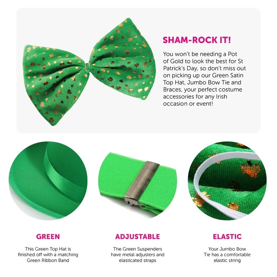 image 1 of Pack Of 2 Irish Top Hat, Bow Tie + Braces | Green | One Size