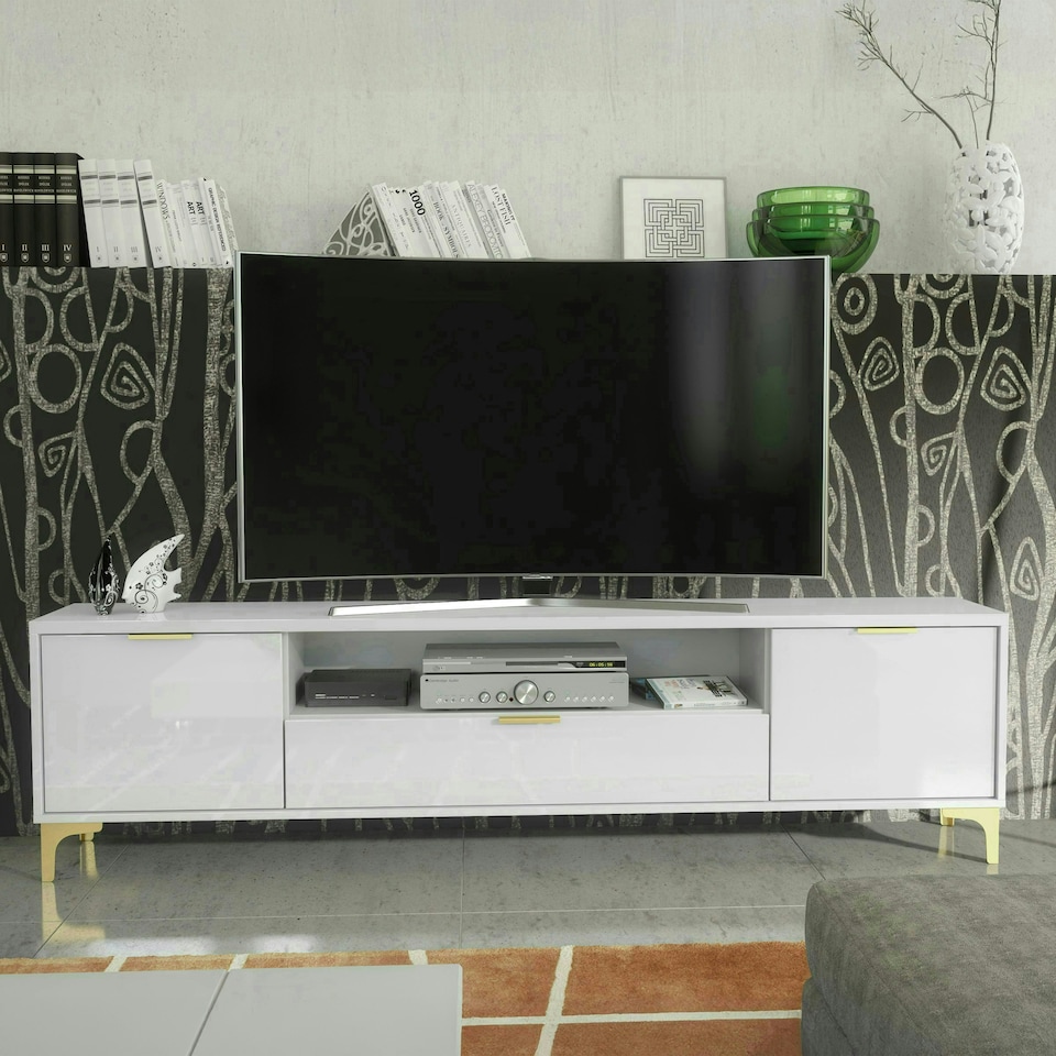 image 1 of TV Unit 200cm White High Gloss Doors with Gold Legs and Drawer White