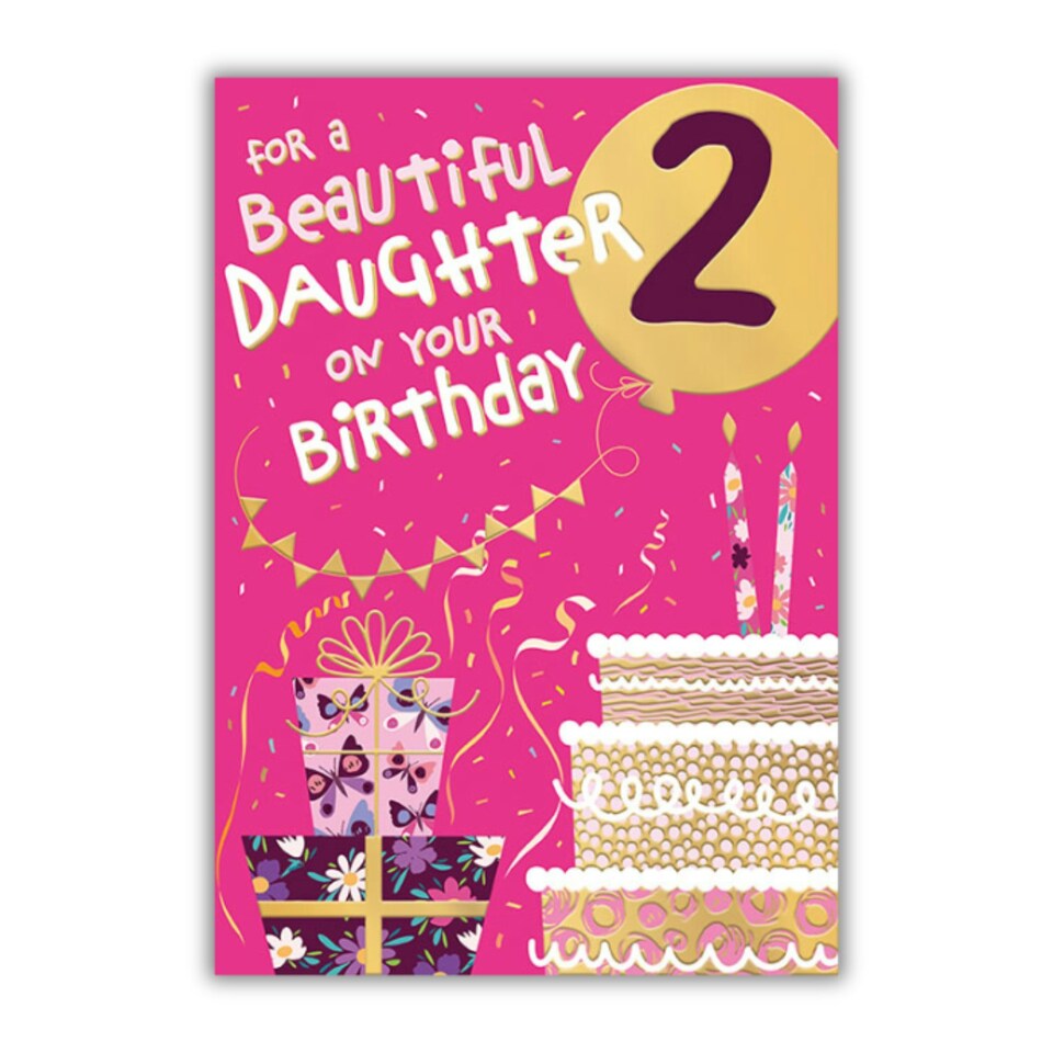 image 1 of Words 'n' Wishes 2nd Birthday Card for Daughter, Foiled Caption & Patterned & Foiled Presents & Cake, Multicoloured, 23.5 x 16.5 cms
