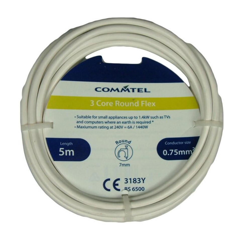 Commtel 3 Core Round Flex 0.75mm2 - White - 10m