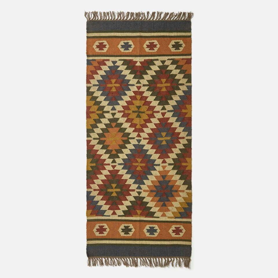 image 1 of Homescapes Lucea Orange and Blue Kilim Runner Wool Rug - 80 x 180 cm