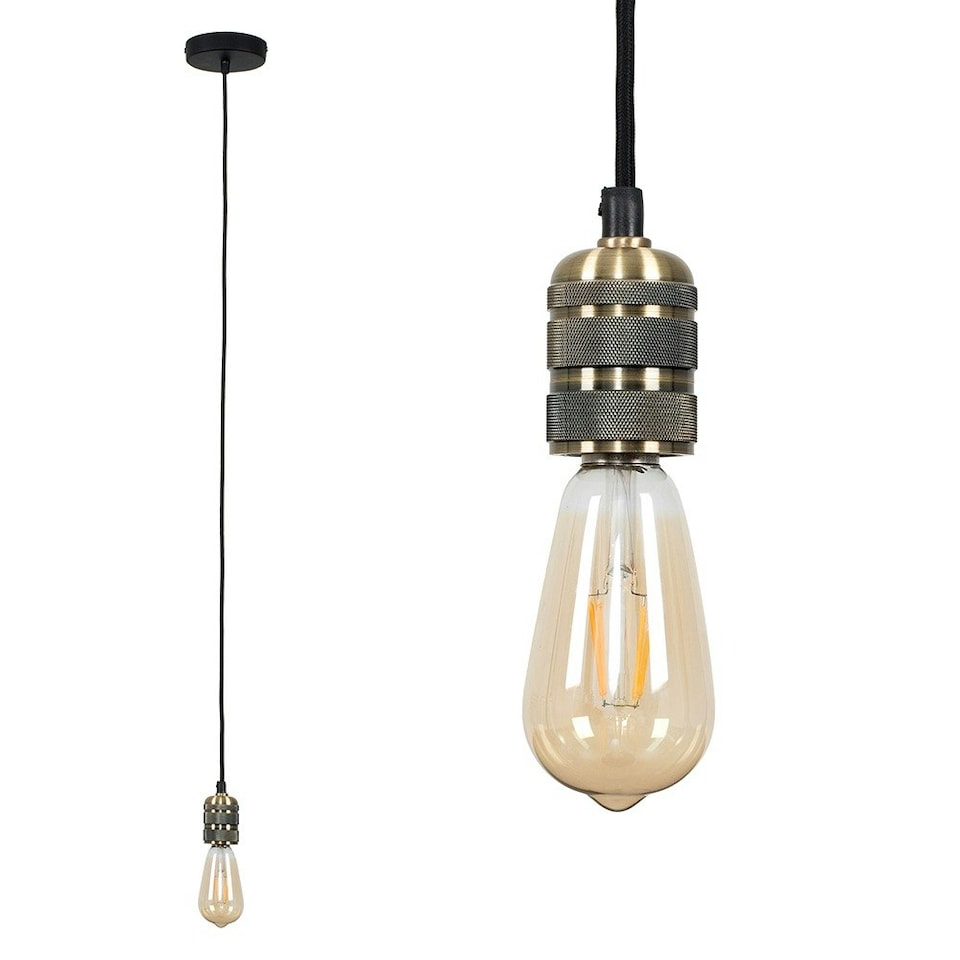 image 1 of ValueLights Casco Low-Hanging Lampholder Brushed Gold Pendant Light and E27 Pear LED 4W Warm White 2700K Bulb