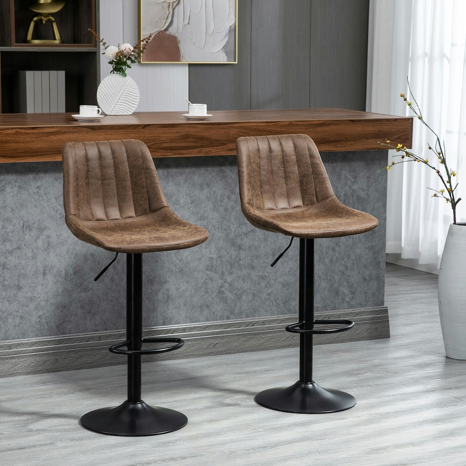 image 1 of HOMCOM Set Of 2 Microfibre Retro Tub Bar Stools Metal Frame Footrest Seat Brown
