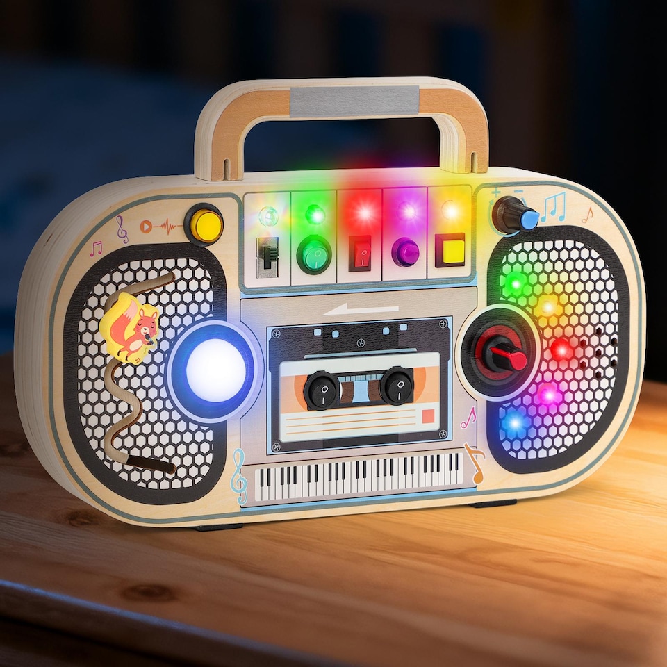 image 1 of Wooden LED Radio Music Toy – Interactive Light & Sound Activity Board for Toddlers 12M+
