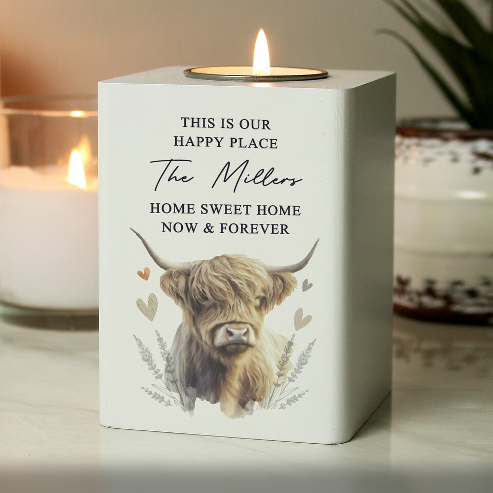 image 1 of Personalised Highland Cow Wooden Tealight Holder Brown