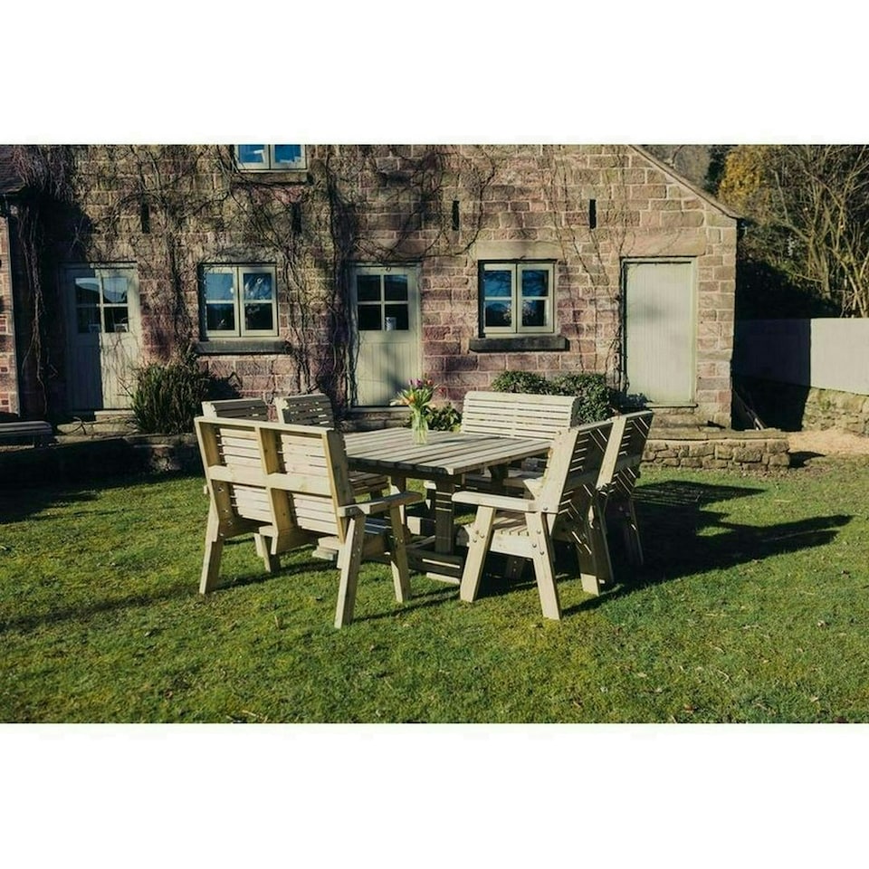 Ergo 8 Seater Square Table - 4 Benches - L149 x W149 x H77 cm - Min. Assembly Required - Set of Waterproof Cushions Included