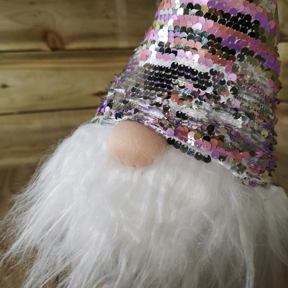 image 1 of 70cm Extendable Leg Grey Pink and White Christmas Gonk with Sequin Hat