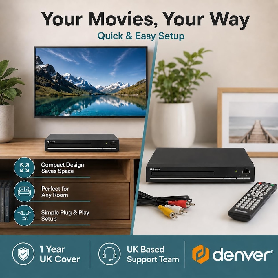 image 1 of Denver DVH-7787 - Compact DVD Player, Multi Region/All Region, Full HD 1080p Upscaling, HDMI, Scart & Composite Video Connections, USB Port & Remote