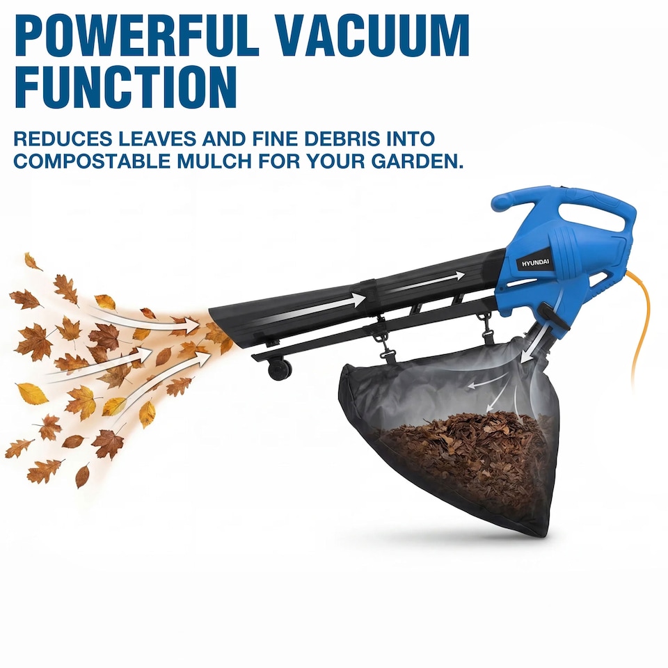 image 1 of Hyundai 3 in 1 Leaf Blower Vacuum Shredder Mulcher 3000W 34L Bag 10m Cable HYBV3000E3