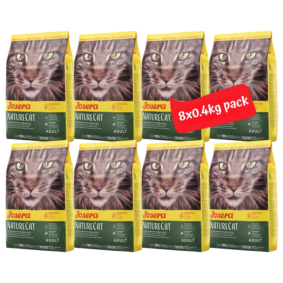 image 1 of Josera NatureCat complete food | For adult cats & older kittens | Grain-free | Chicken & Salmon | Anti-Hairball | Herbs & Fruits | Urinary pH | 8x0.4kg