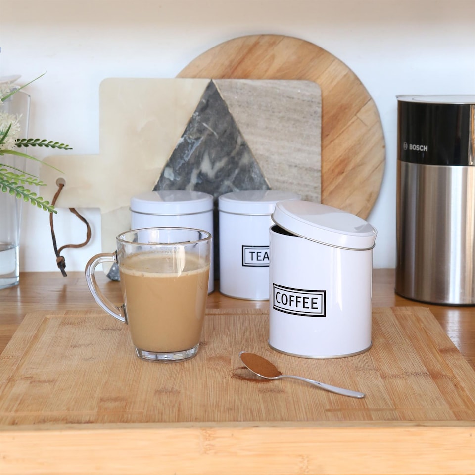 image 1 of Harbour Housewares 3pc Round Metal Tea Coffee Sugar Canister Set - White