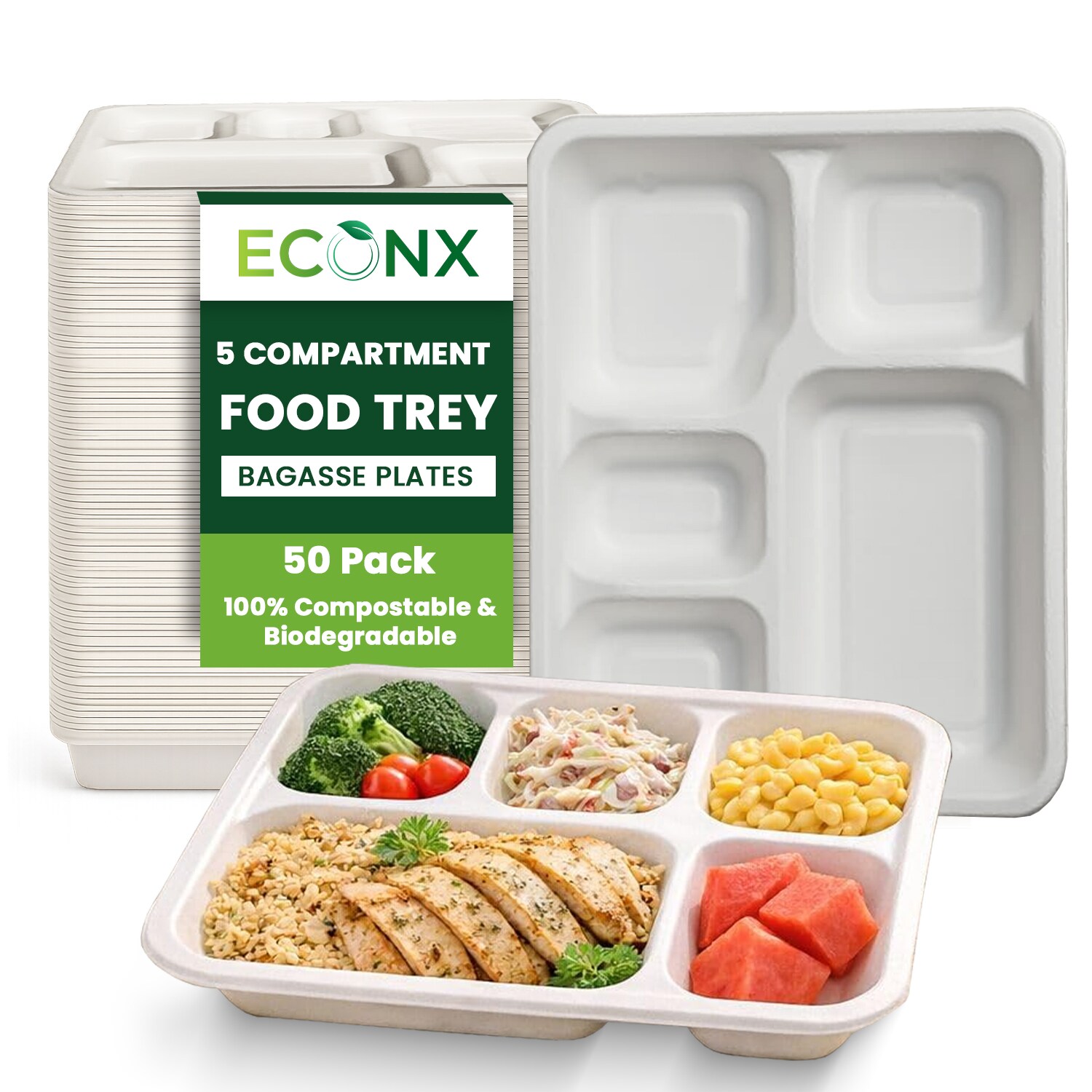 ECONX 5 Compartment Deep Rectangle Bagasse Plates Disposable Food Plate Tray in White | Size: 50 Pieces